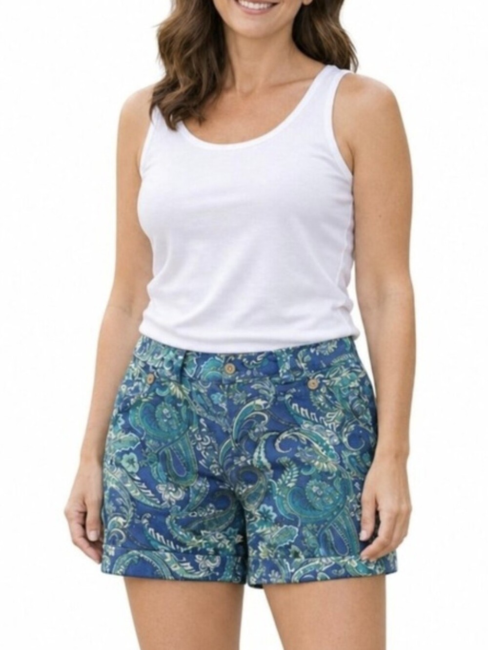 Lauren Ralph Lauren Blue Teal Paisley Cuffed Shorts Gold Button Pockets Stretch